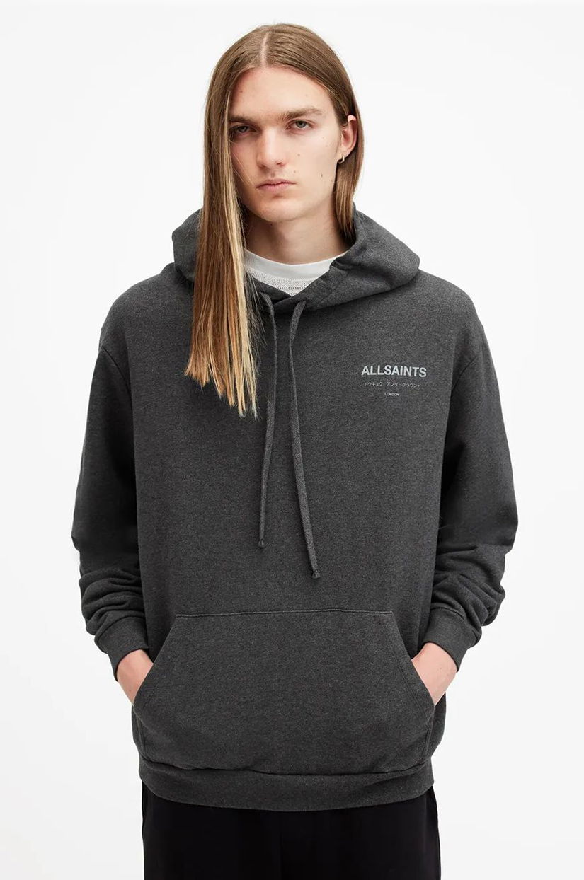 AllSaints hanorac de bumbac UNDERGROUND barbati, culoarea gri, cu glugă, cu imprimeu, M034NB