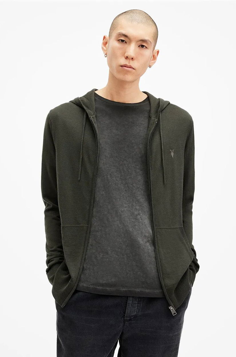 AllSaints bluza din lana MODE MERINO ZIP HOOD culoarea verde, cu glugă, melanj, M084KB