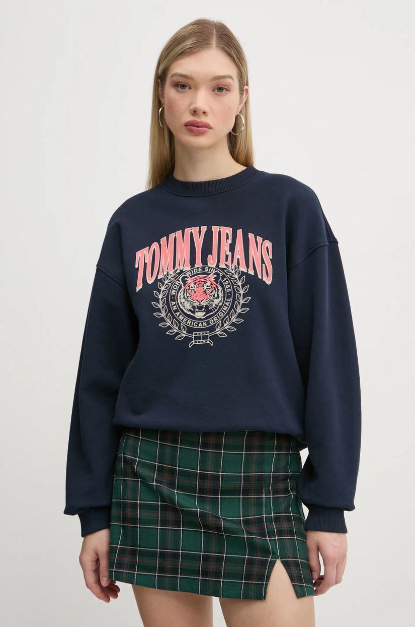 Tommy Jeans bluza femei, culoarea albastru marin, cu imprimeu, DW0DW20211