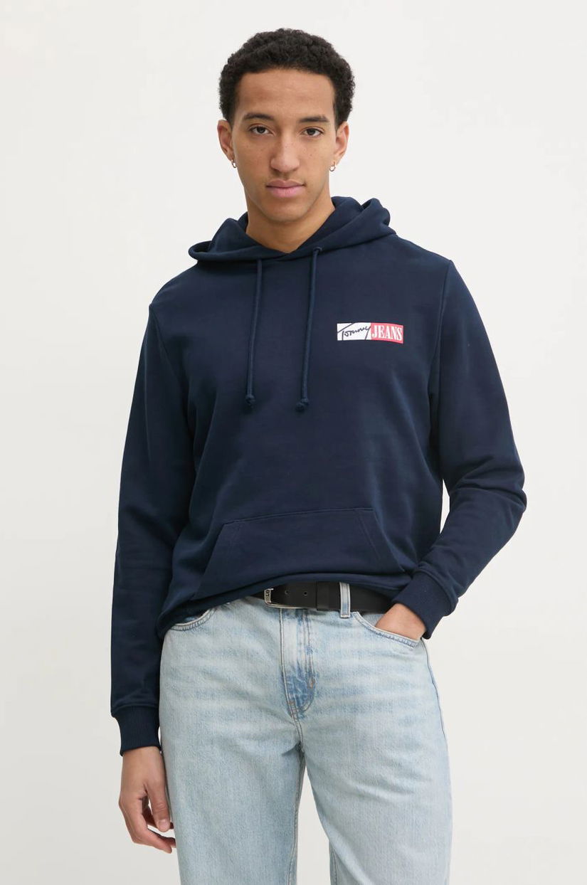 Tommy Jeans hanorac de bumbac pentru copii bărbați, culoarea bleumarin, cu glugă, cu imprimeu, DM0DM20257