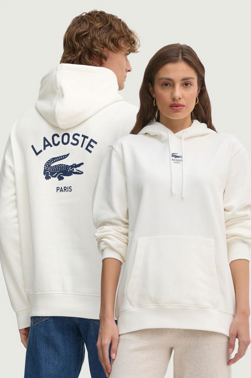 Lacoste hanorac de bumbac culoarea alb, cu glugă, cu imprimeu, SH2740