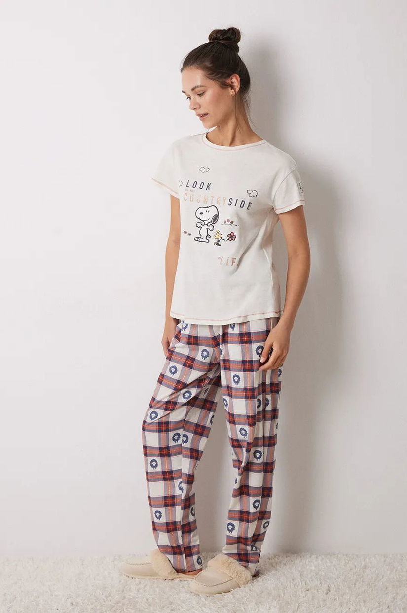 women'secret pijamale de bumbac SNOOPY culoarea bej, bumbac, 3138619