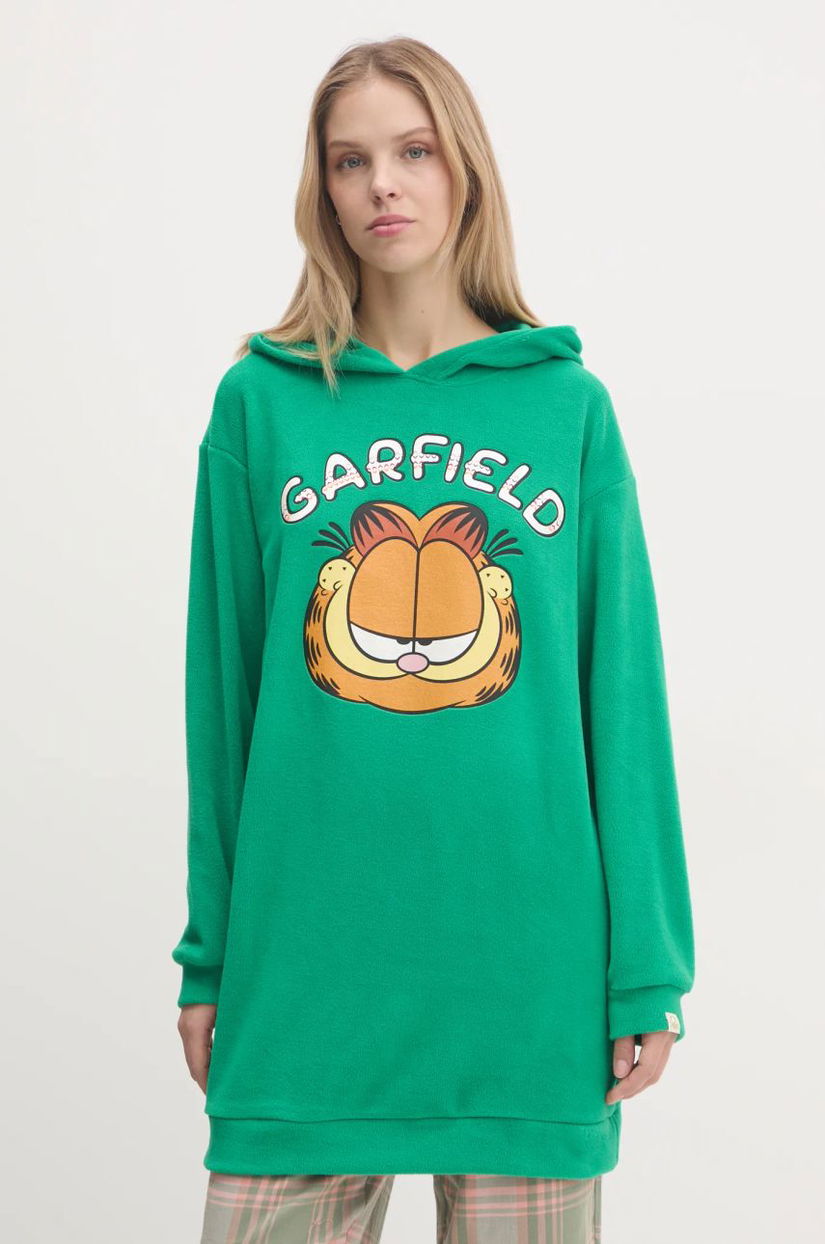 United Colors of Benetton hanorac fleece x GARFIELD culoarea verde, cu glugă, cu imprimeu, 3DFQ3M06K