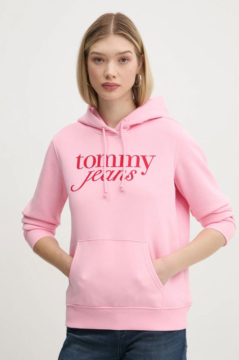 Tommy Jeans bluza femei, culoarea roz, cu glugă, cu imprimeu, DW0DW20170