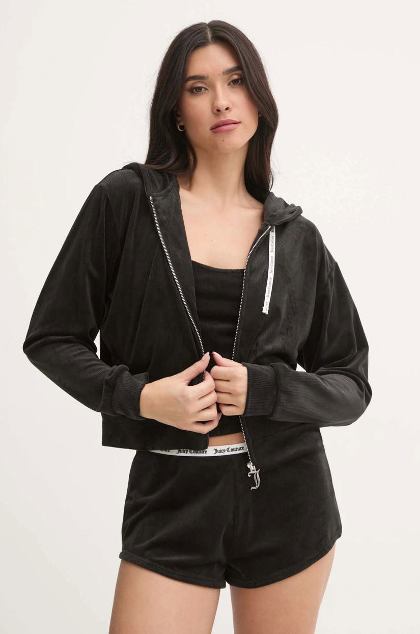 Juicy Couture bluza pijama LIV RIB VELOUR HOODIE femei, culoarea negru, JCLBJ125503