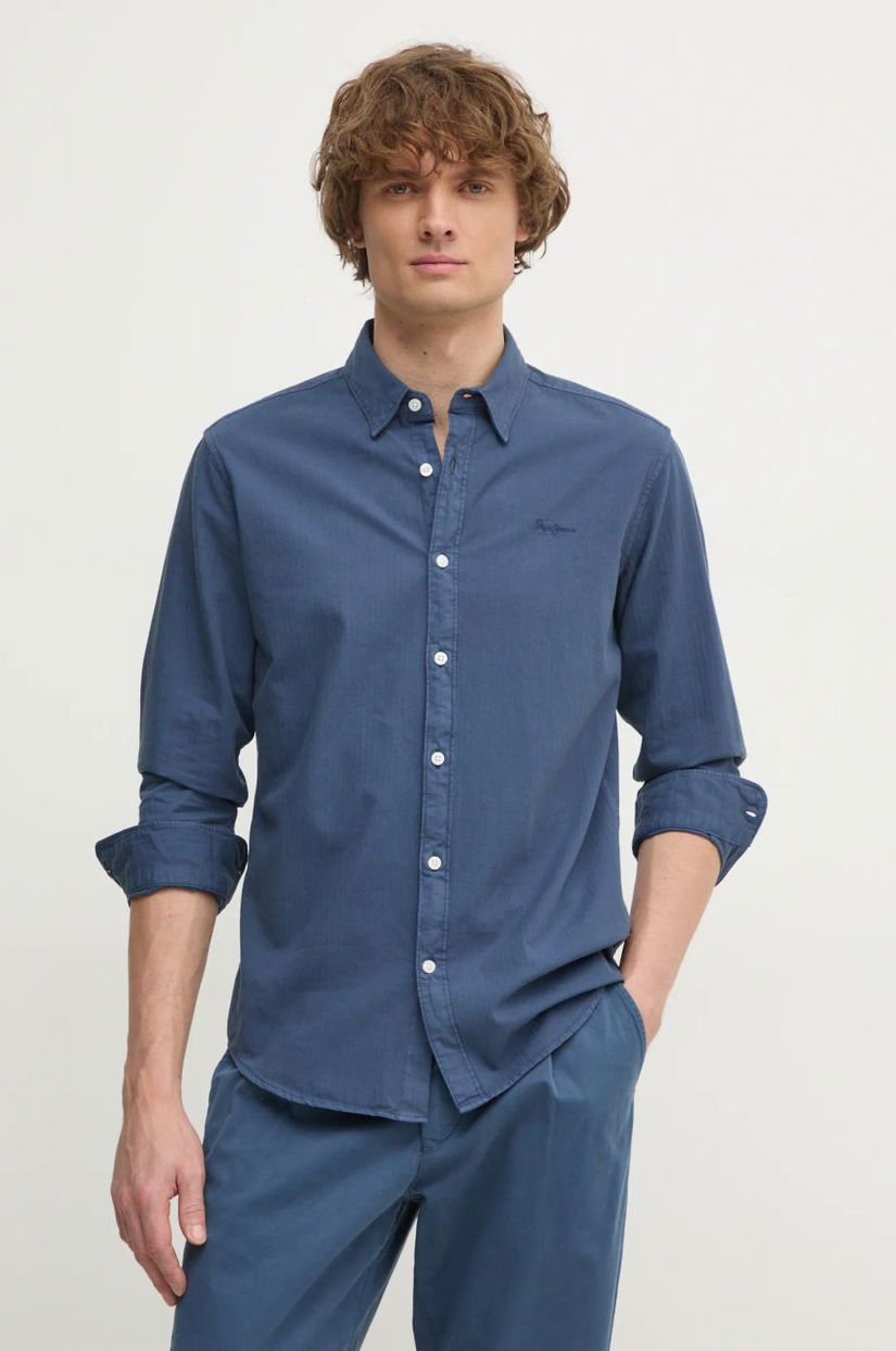 Pepe Jeans camasa din bumbac barbati, culoarea albastru marin, cu guler button-down, regular