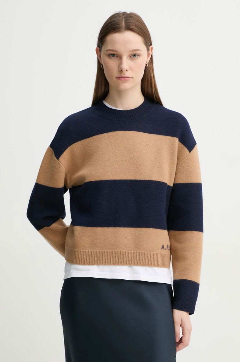 A.P.C. pulover de lana pull penny femei, culoarea albastru marin, cu turtleneck, WVBDL.F23370