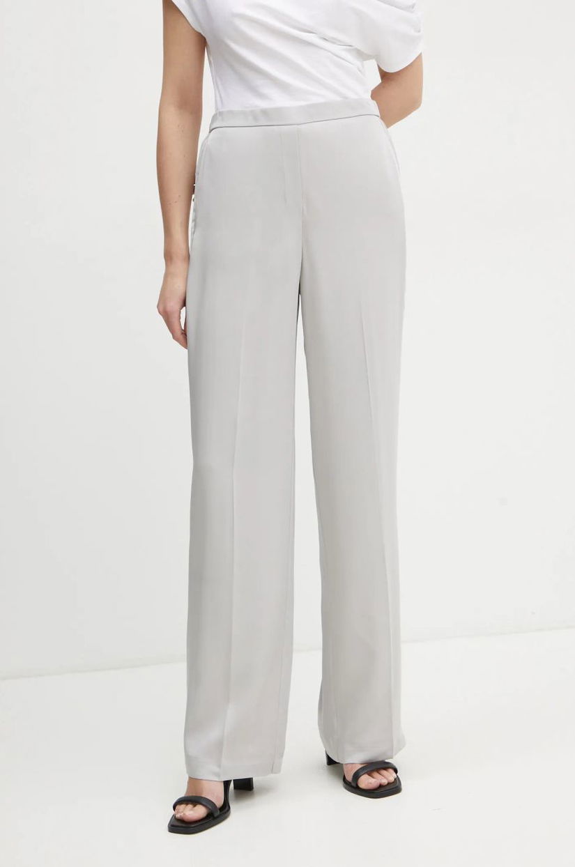 Theory pantaloni de matase culoarea gri, drept, high waist, K0502208