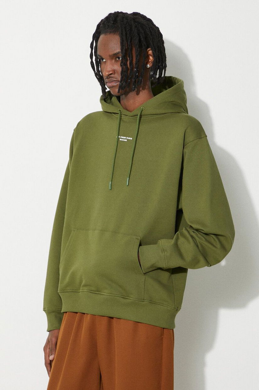 Drôle de Monsieur hanorac de bumbac Le Hoodie Slogan barbati, culoarea verde, cu glugă, neted, D-HO153-CO127-KK