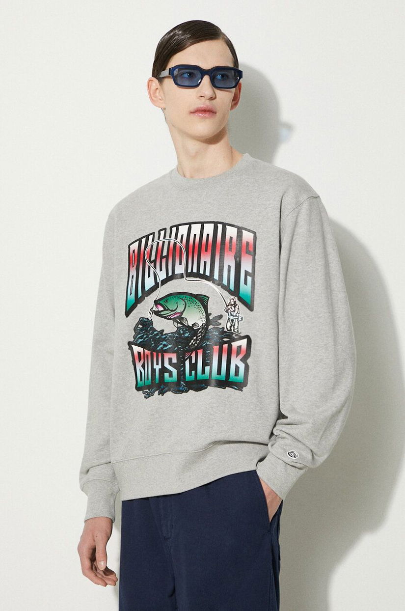 Billionaire Boys Club hanorac de bumbac Big Catch Crewneck barbati, culoarea gri, cu imprimeu, B24230