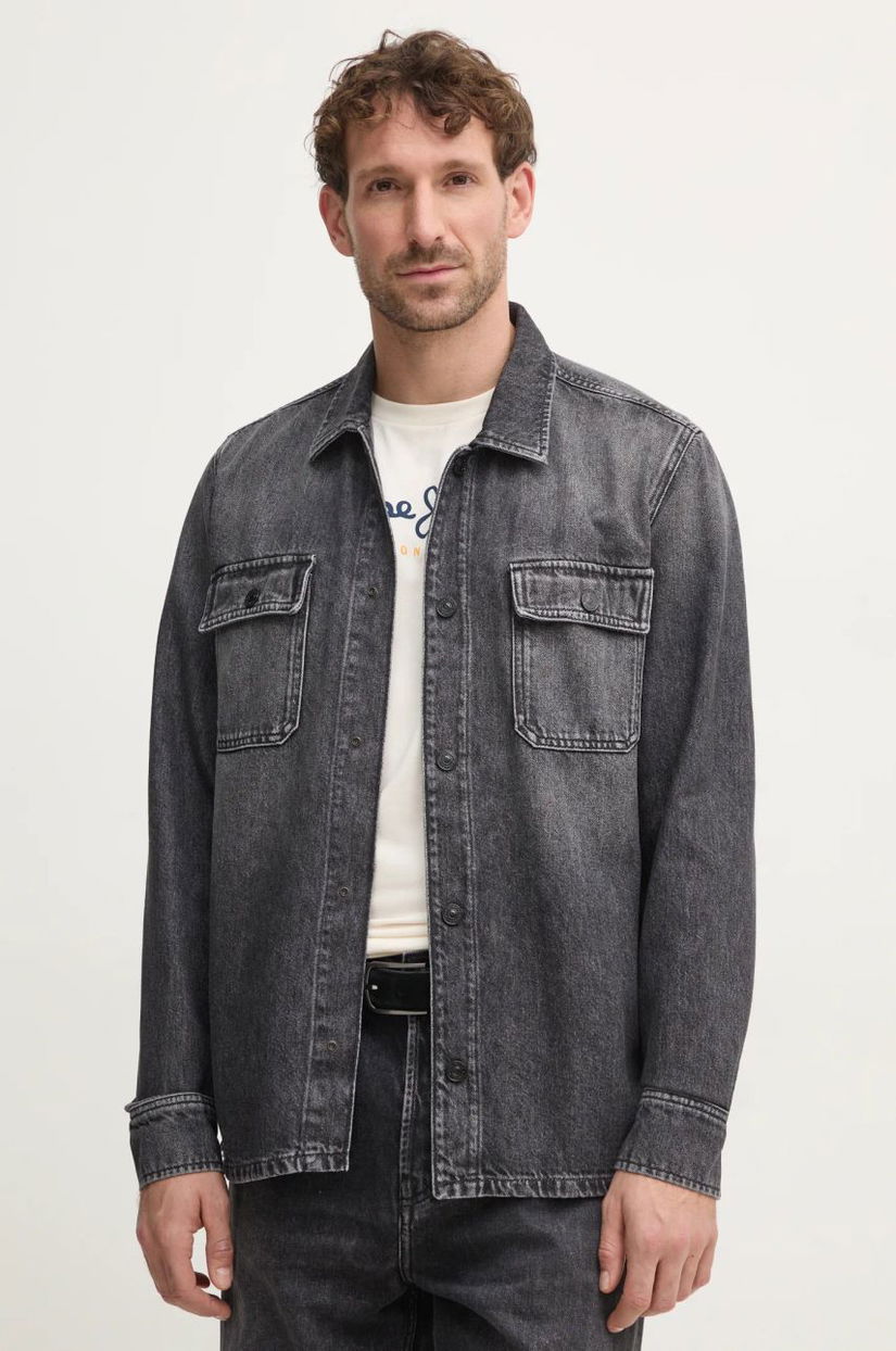 Pepe Jeans camasa jeans RELAXED OVERSHIRT barbati, culoarea gri, cu guler clasic, relaxed, PM308585XM8