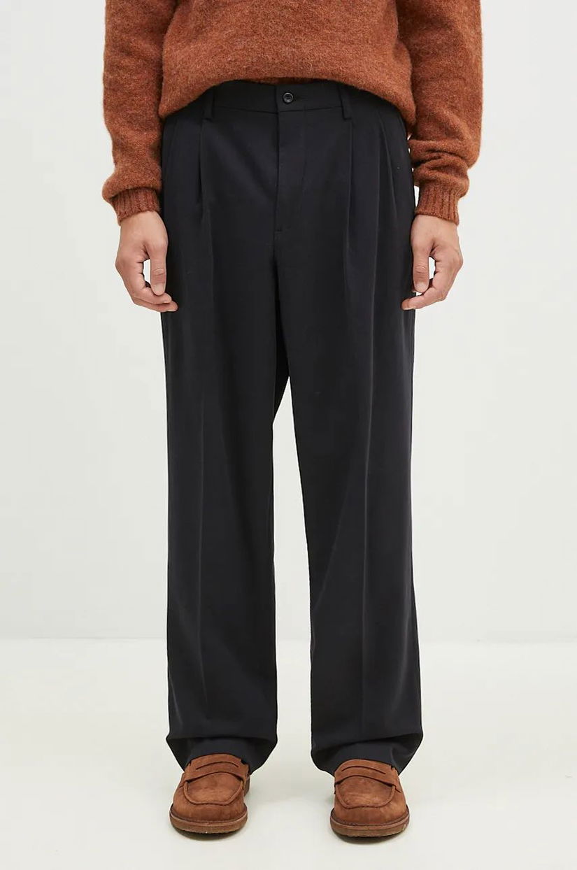 Norse Projects pantaloni din lână Benn Relaxed Cotton Wool Twill Pleated Trouser culoarea negru, cu fason chinos, N25.0395.9999