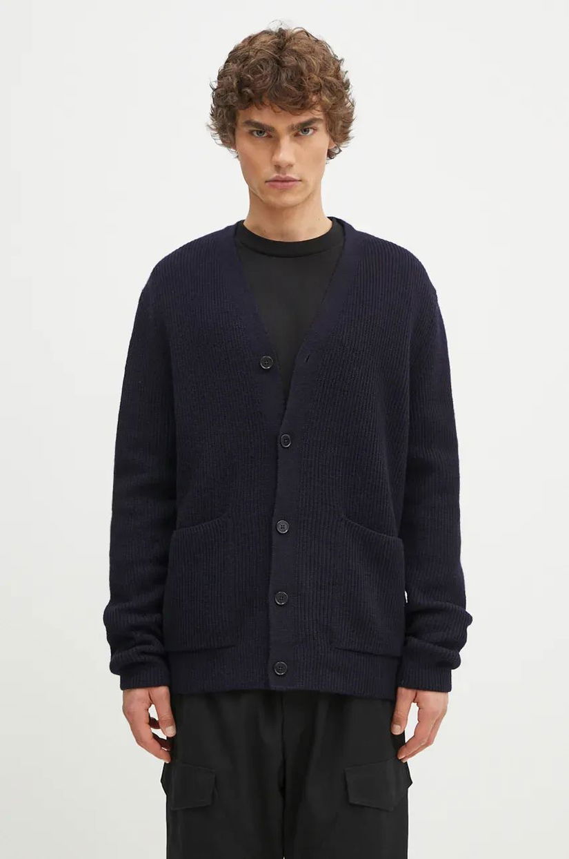 Norse Projects cardigan din lână Loki Wool Cotton Rib culoarea albastru marin, N45.0618.7004