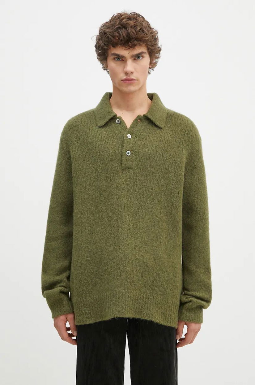 Norse Projects pulover de lână Rasmus Relaxed Brushed Polo bărbați, culoarea verde, N45.0614.8098