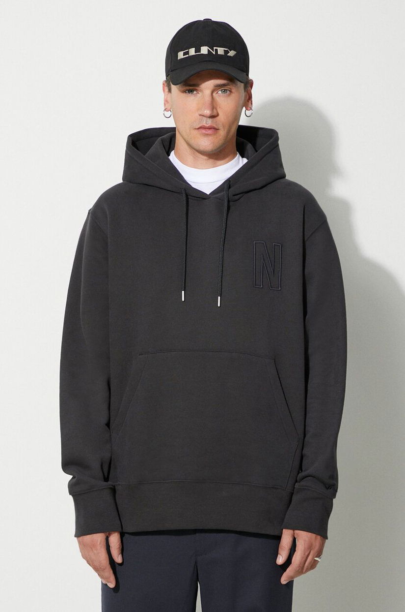 Norse Projects hanorac de bumbac Arne Relaxed Organic Brushed Fleece N Logo Hoodie bărbați, culoarea negru, cu glugă, uni N20.1354.9999