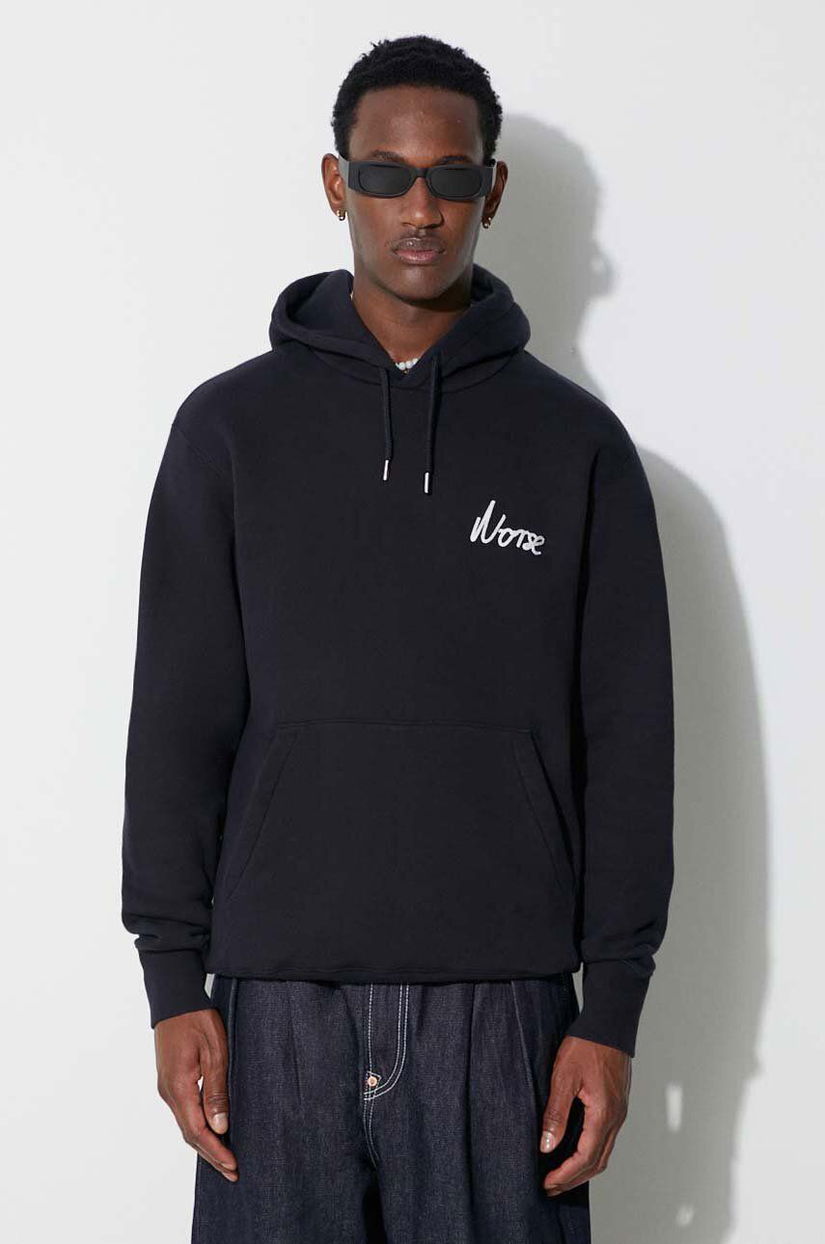 Norse Projects hanorac de bumbac Arne Relaxed Organic Chain Stitch Logo Hoodie bărbați, culoarea bleumarin, cu glugă, cu imprimeu N20.1358.7004