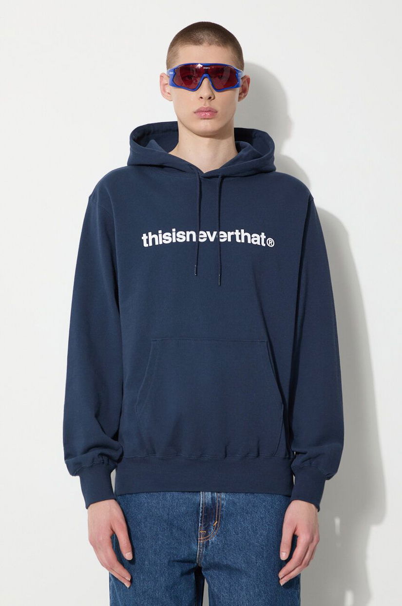 thisisneverthat hanorac de bumbac T-logo LT Hoodie barbati, culoarea albastru marin, cu glugă, cu imprimeu, TN240TSWHO01