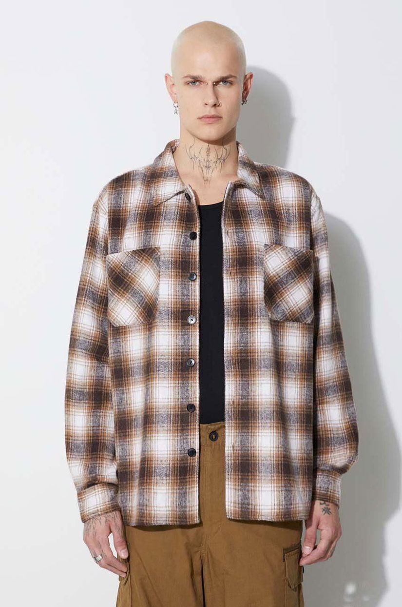 Taikan cămașă Heavyweight Plaid Shirt bărbați, culoarea maro, cu guler clasic, regular TW0003.BRN