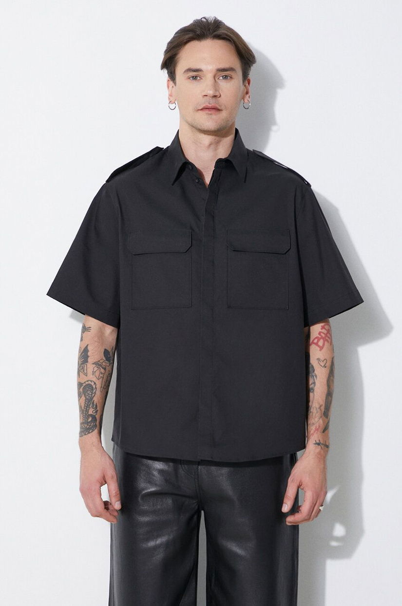 Neil Barrett camasa Loose Military Police Detail Short Sleeve Shirt barbati, culoarea negru, cu guler clasic, regular, MY60216A-Y037-001N