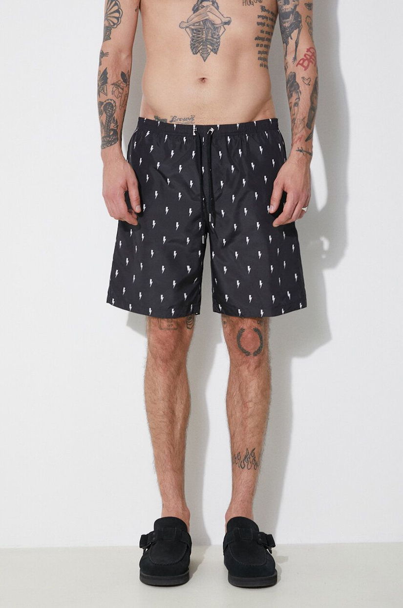 Neil Barrett pantaloni scurti de baie All-Over Micro Bolts Swim Long Shorts culoarea negru, MY58026B-Y068-524N