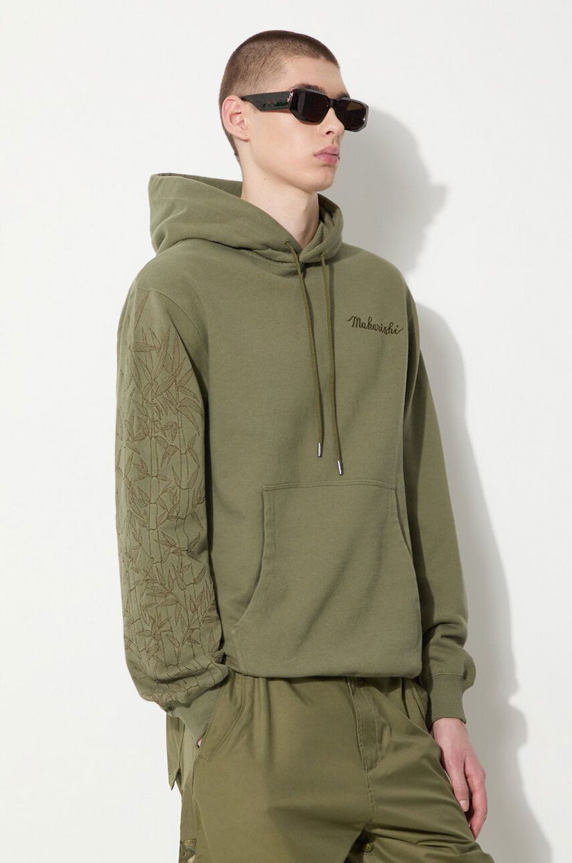 Maharishi hanorac de bumbac Dragon Bamboo Hooded Sweat barbati, culoarea verde, cu glugă, cu imprimeu, 5075.OLIVE