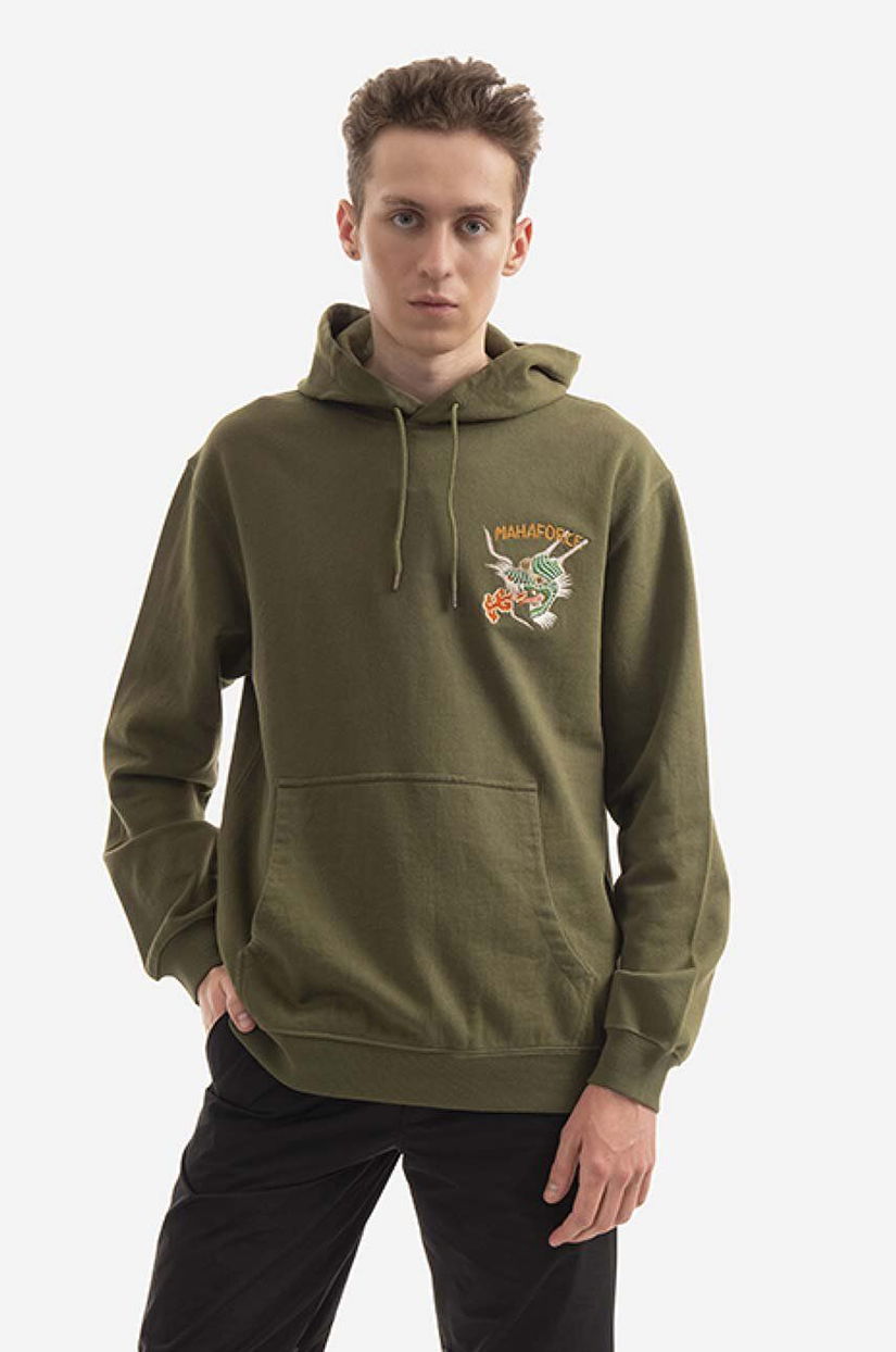 Maharishi hanorac de bumbac Force Embroidered bărbați, culoarea verde, cu glugă, cu imprimeu 8076.OLIVE-OLIVE