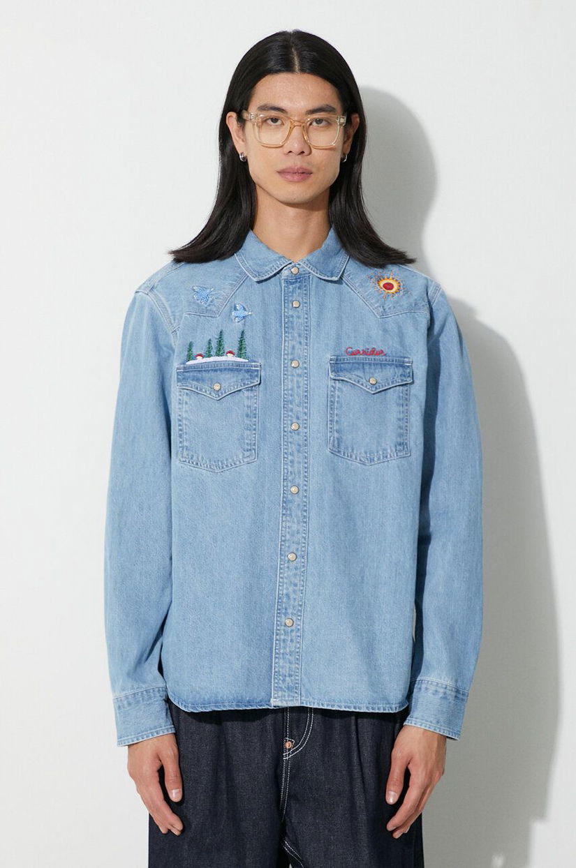 Corridor cămașă din denim Mountain Embroidery Western bărbați, cu guler clasic, regular, WT0067