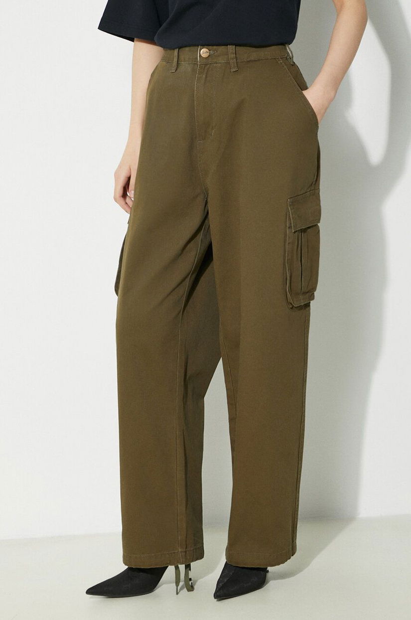 Butter Goods pantaloni de bumbac Field culoarea verde, fason cargo, high waist, BGQ1244602