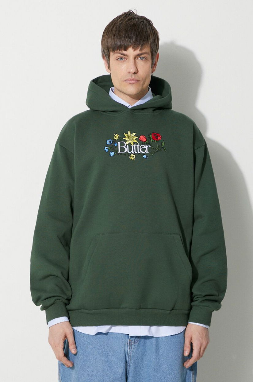 Butter Goods bluză Floral Embroidered Pullover Hood bărbați, culoarea verde, cu glugă, cu imprimeu, BGQ423D11403