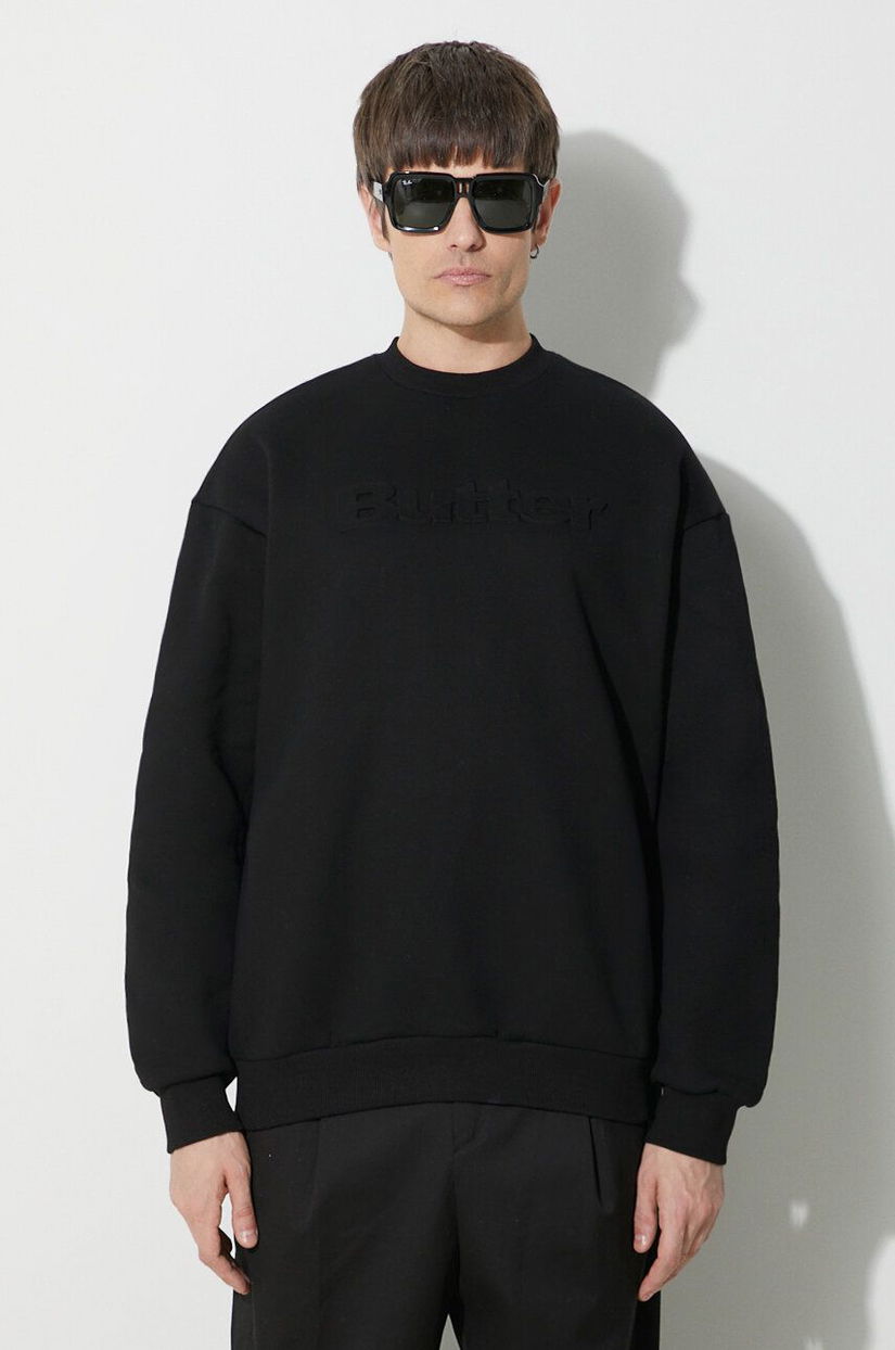 Butter Goods bluză Embossed Logo Crewneck Sweatshirt bărbați, culoarea negru, cu glugă, cu imprimeu, BGQ423D11104