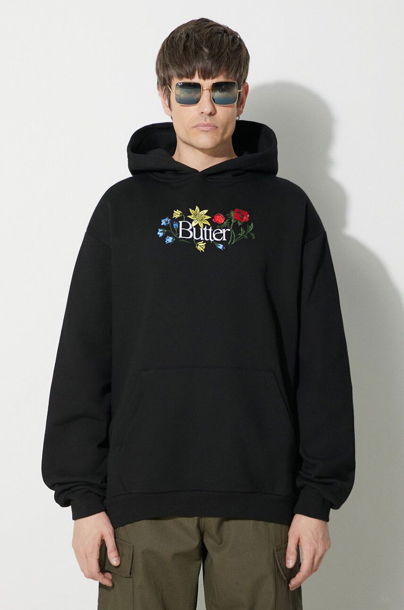 Butter Goods bluză Floral Embroidered Pullover Hood bărbați, culoarea negru, cu glugă, cu imprimeu, BGQ423D11404