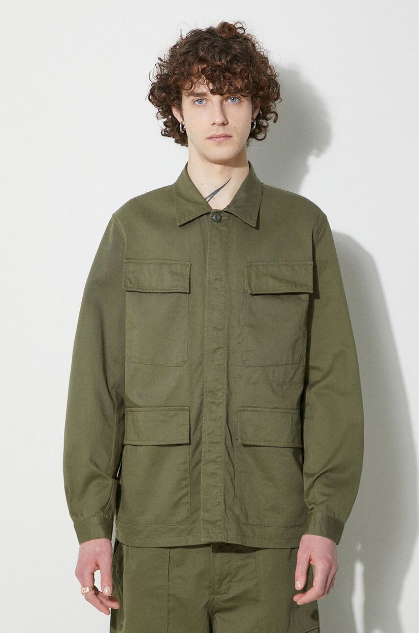 Universal Works geaca Mw Fatigue Jacket barbati, culoarea verde, cu guler clasic, regular, 166.LIGHT.OLIVE