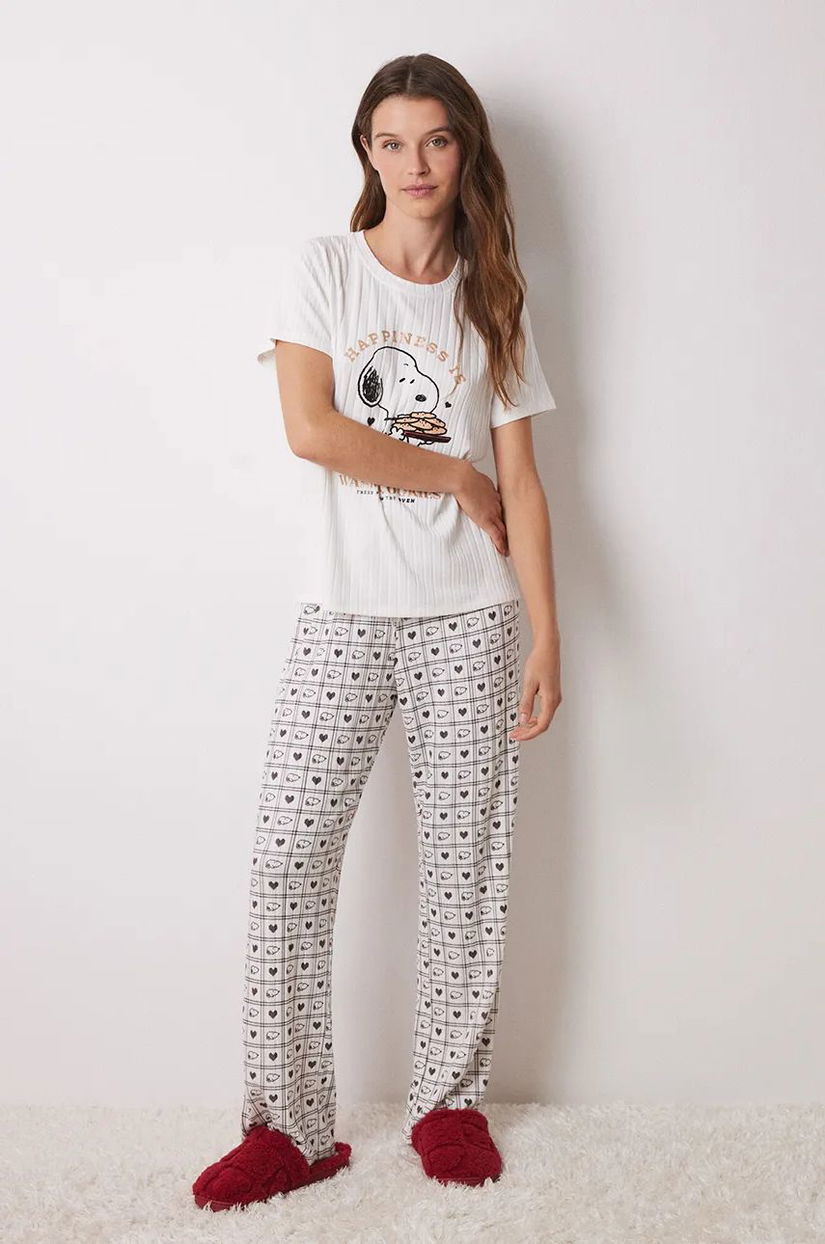 women'secret pijamale de bumbac SNOOPY culoarea bej, bumbac, 3138625