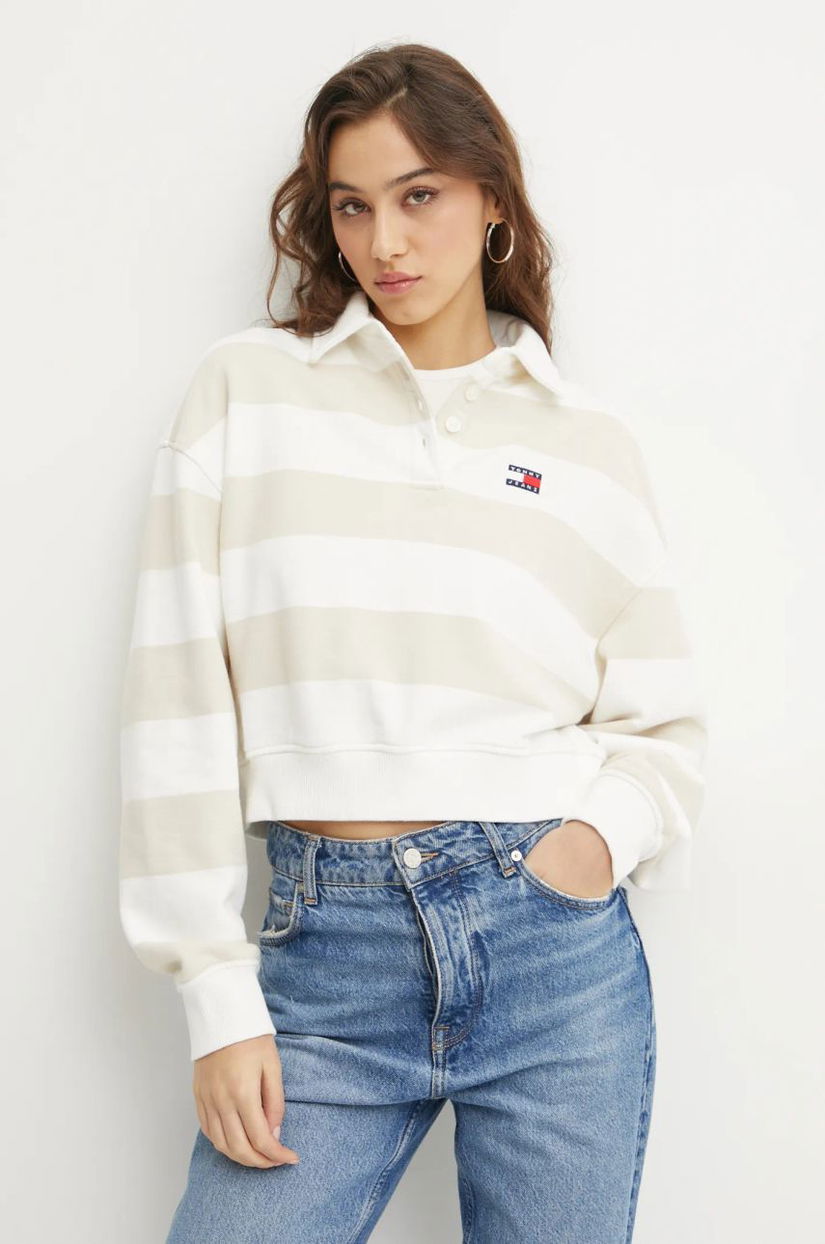 Tommy Jeans hanorac de bumbac femei, culoarea bej, modelator, DW0DW19409