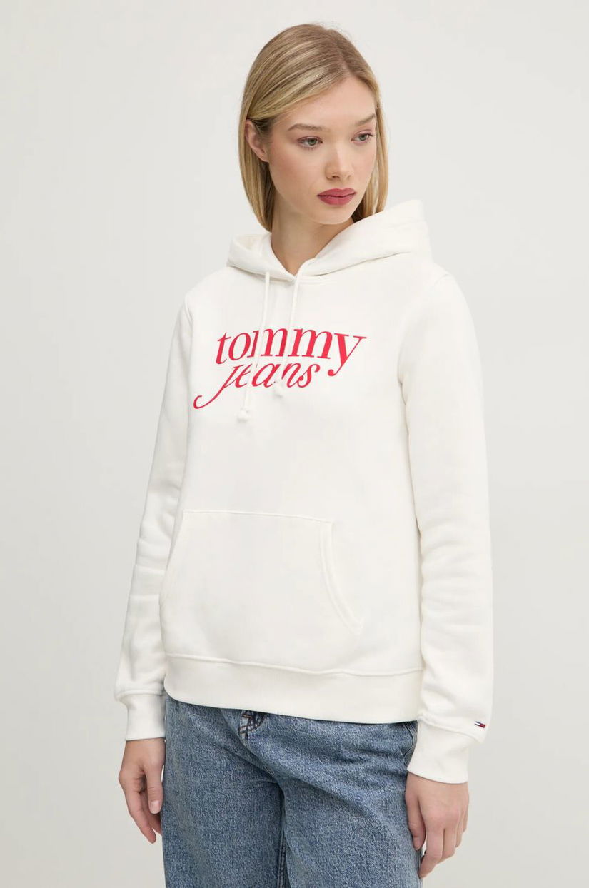 Tommy Jeans bluza femei, culoarea bej, cu glugă, cu imprimeu, DW0DW20170