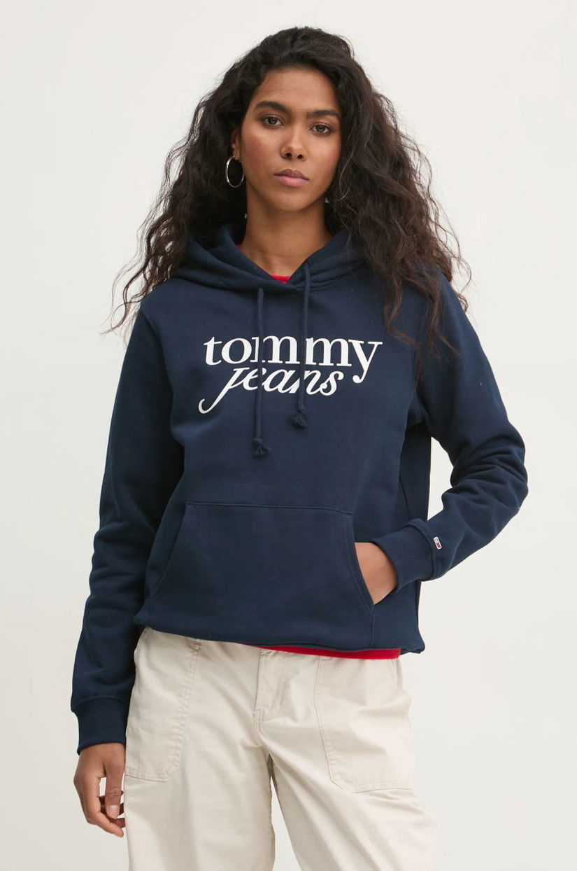 Tommy Jeans bluza femei, culoarea albastru marin, cu glugă, cu imprimeu, DW0DW20170