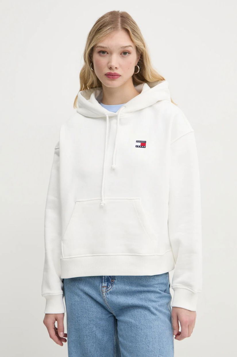 Tommy Jeans hanorac de bumbac femei, culoarea bej, cu glugă, cu imprimeu, DW0DW19414