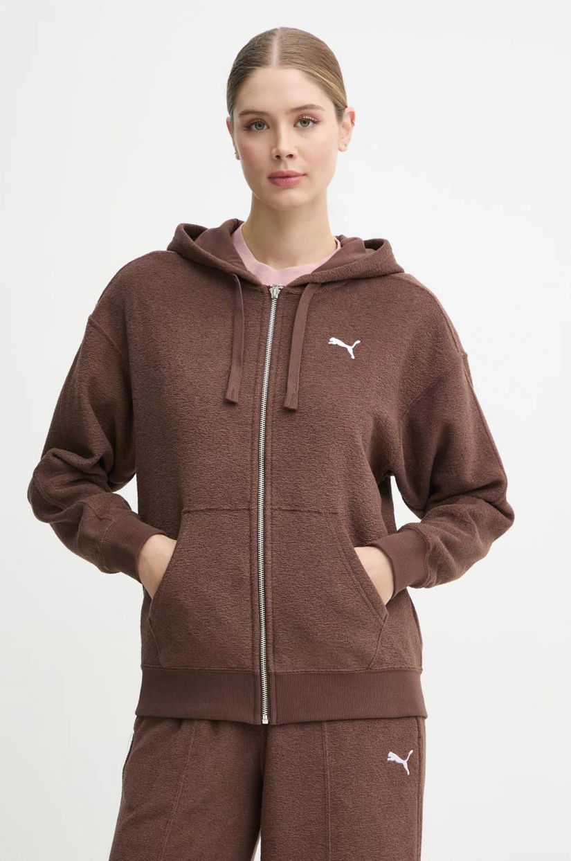 Puma bluza femei, culoarea maro, cu glugă, neted, 681636