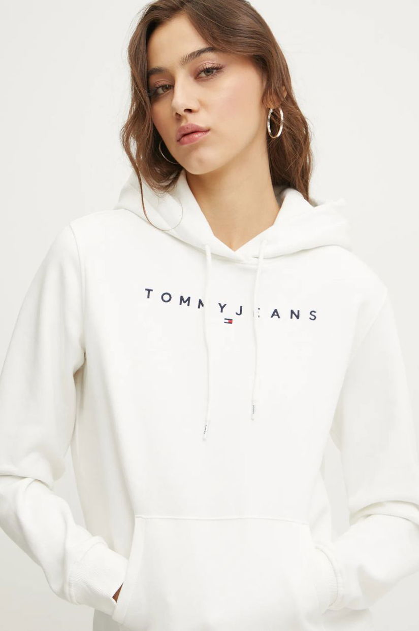 Tommy Jeans bluza femei, culoarea alb, cu glugă, cu imprimeu, DW0DW17324