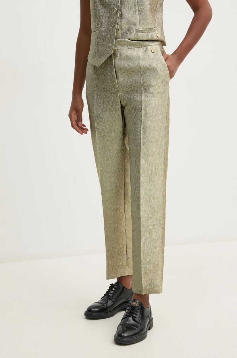 Pedro del Hierro pantaloni femei, culoarea auriu, drept, high waist, 7608781