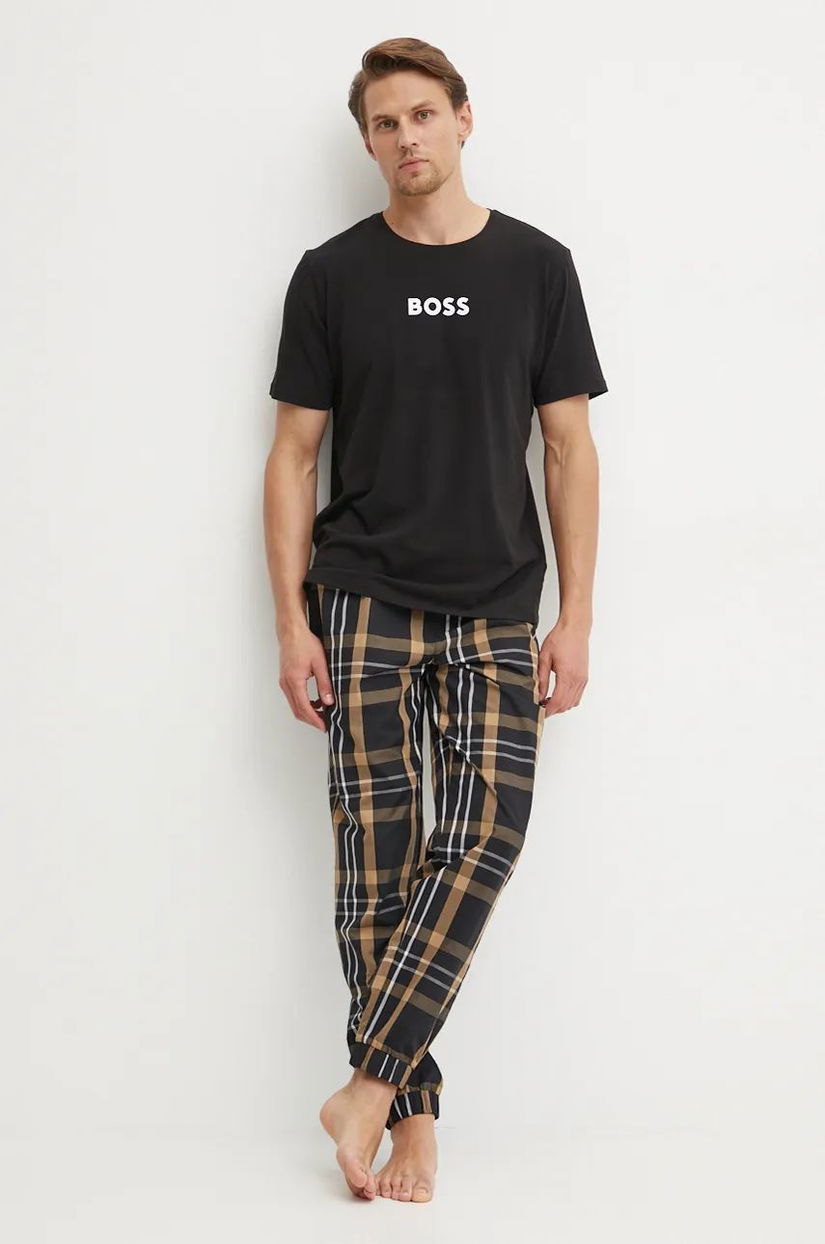 BOSS pijamale de bumbac culoarea negru, cu imprimeu, 50527524