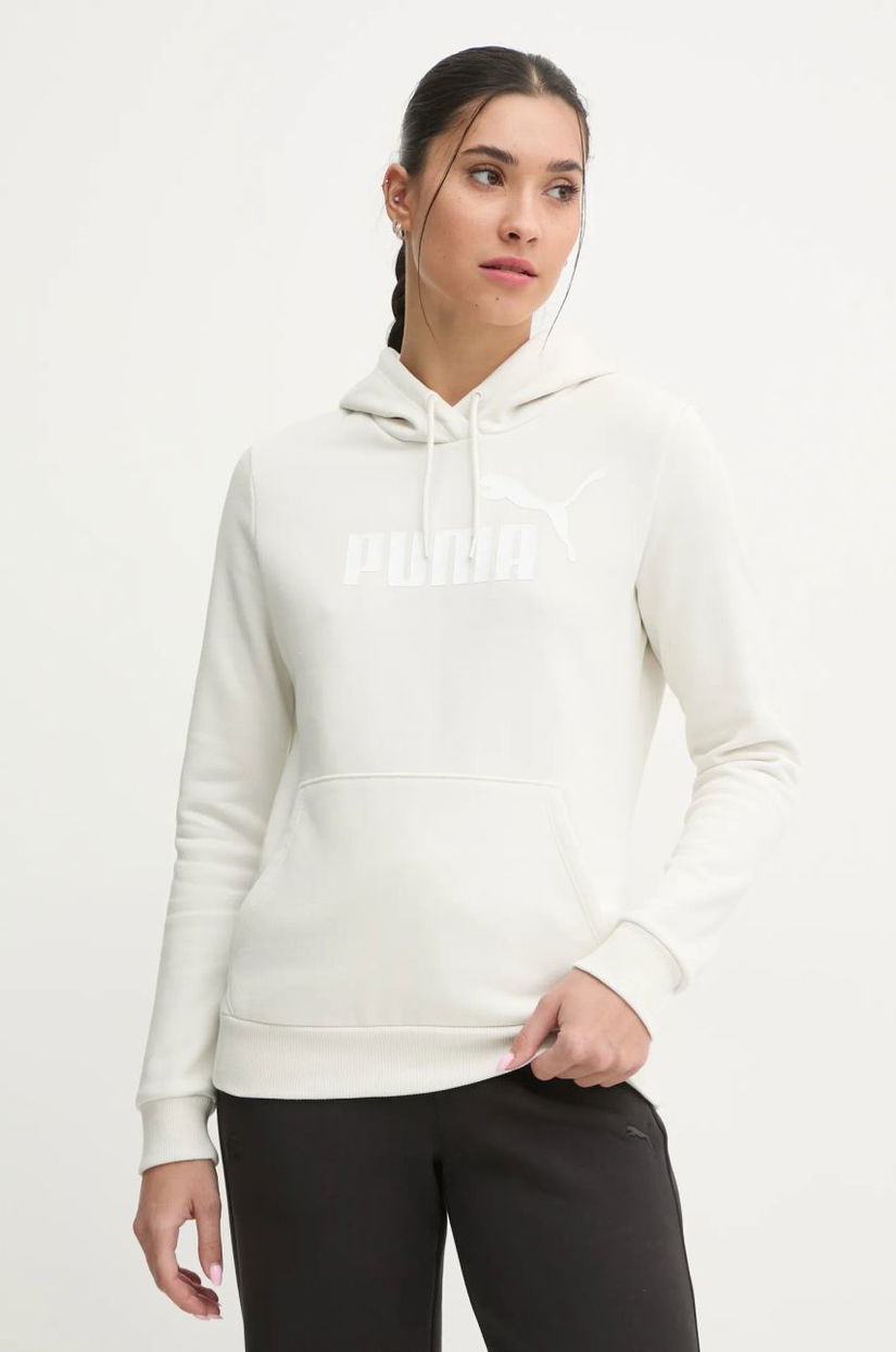 Puma bluza femei, culoarea bej, cu glugă, cu imprimeu