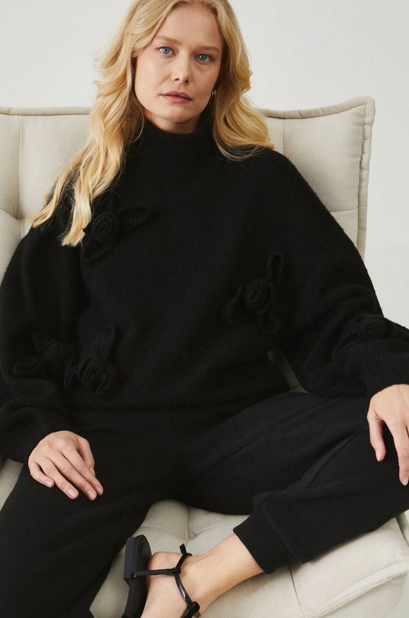 Medicine pulover din amestec de lana femei, culoarea negru, călduros, cu turtleneck