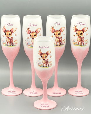 Set de 4 pahare personalizate pentru botez cu tematica Bambi