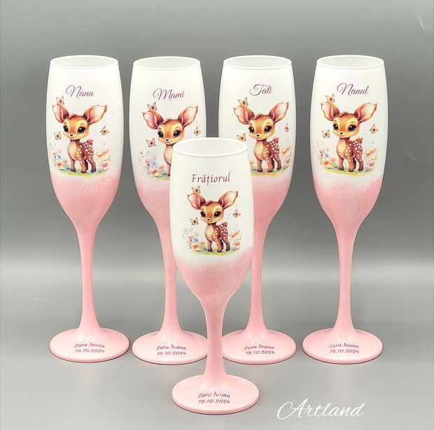 Set de 4 pahare personalizate pentru botez cu tematica Bambi