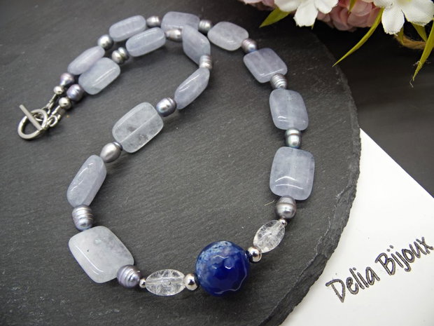 Colier handmade unicat - agat, jad, cristal stanca si perle cultura (cod1135)