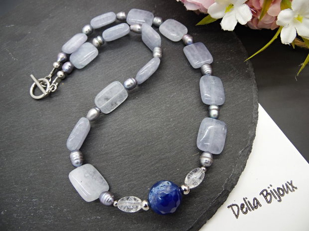 Colier handmade unicat - agat, jad, cristal stanca si perle cultura (cod1135)
