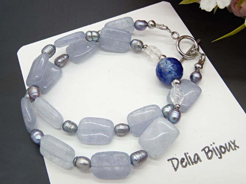 Colier handmade unicat - agat, jad, cristal stanca si perle cultura (cod1135)