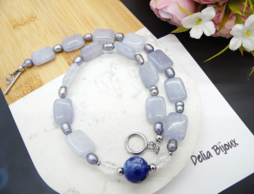 Colier handmade unicat - agat, jad, cristal stanca si perle cultura (cod1135)