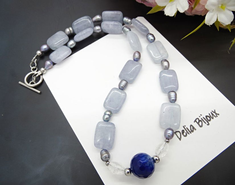 Colier handmade unicat - agat, jad, cristal stanca si perle cultura (cod1135)